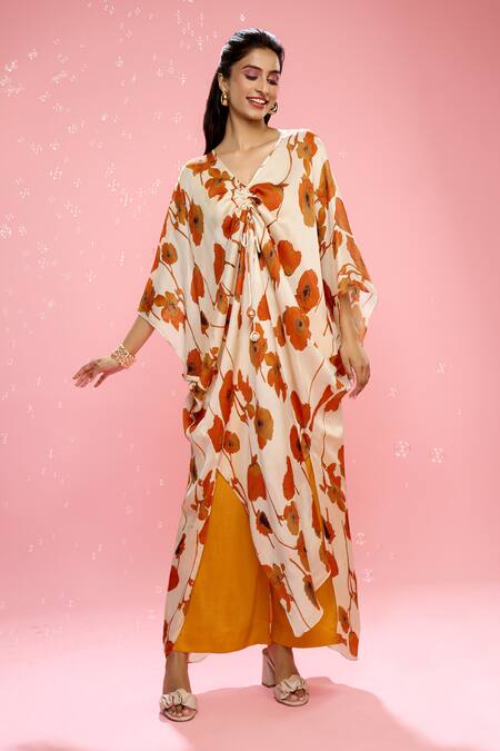 Shop Siarra Ivory Satin, Chiffon, Silk V-neck Floral Print Tunic And Pant Set Online at Aza Fashions Shop_Siarra_Ivory Satin, Chiffon, Silk V-neck Floral Print Tunic And Pant Set _Online_at_Aza_Fashions