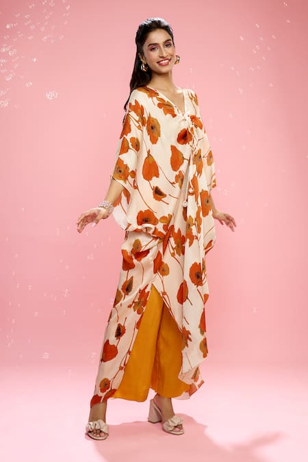 Siarra Ivory Satin, Chiffon, Silk V-neck Floral Print Tunic And Pant Set at Aza Fashions Siarra_Ivory Satin, Chiffon, Silk V-neck Floral Print Tunic And Pant Set _at_Aza_Fashions