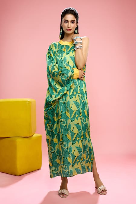Buy Siarra Yellow Satin, Cotton Round Neck Leaf Print Maxi Dress Online at Aza Fashions Buy_Siarra_Yellow Satin, Cotton Round Neck Leaf Print Maxi Dress _Online_at_Aza_Fashions