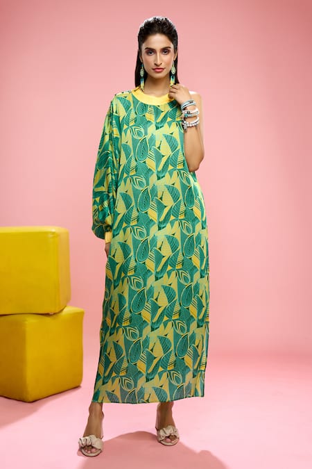 Shop Siarra Yellow Satin, Cotton Round Neck Leaf Print Maxi Dress Online at Aza Fashions Shop_Siarra_Yellow Satin, Cotton Round Neck Leaf Print Maxi Dress _Online_at_Aza_Fashions