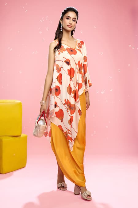 Buy_Siarra_Orange Satin, Georgette V-neck Floral Print Dress With Slip _Online_at_Aza_Fashions