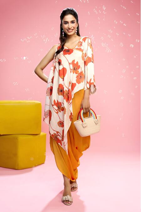 Shop_Siarra_Orange Satin, Georgette V-neck Floral Print Dress With Slip _Online_at_Aza_Fashions