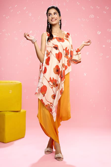 Siarra_Orange Satin, Georgette V-neck Floral Print Dress With Slip _at_Aza_Fashions