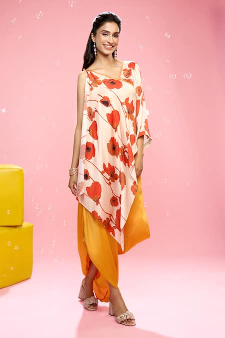 Buy_Siarra_Orange Satin, Georgette V-neck Floral Print Dress With Slip 