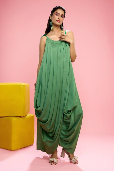 Siarra_Green Satin, Chiffon, Silk Round Neck Solid Pleated Cowl Dress _at_Aza_Fashions