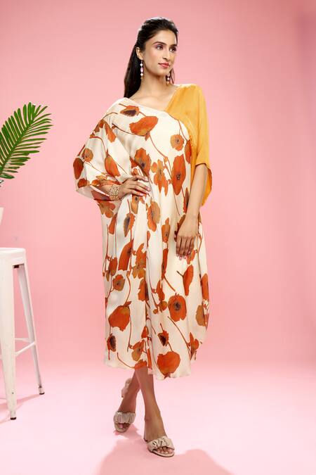 Buy Siarra Ivory Satin, Georgette, Crepe Floral Print Color Blocked Dress With Slip Online at Aza Fashions Buy_Siarra_Ivory Satin, Georgette, Crepe Floral Print Color Blocked Dress With Slip _Online_at_Aza_Fashions