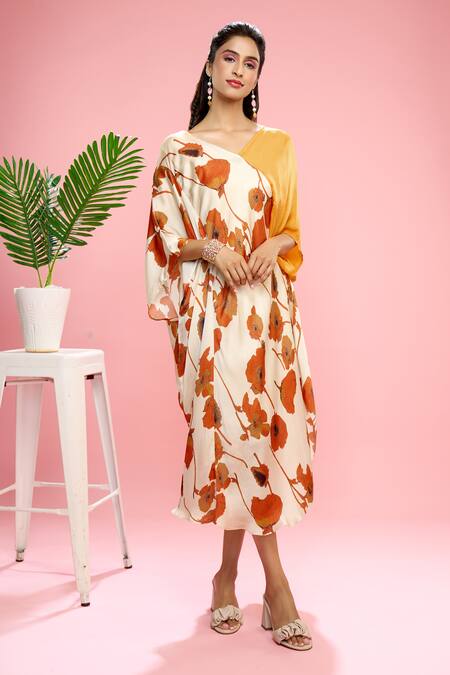 Shop Siarra Ivory Satin, Georgette, Crepe Floral Print Color Blocked Dress With Slip Online at Aza Fashions Shop_Siarra_Ivory Satin, Georgette, Crepe Floral Print Color Blocked Dress With Slip _Online_at_Aza_Fashions