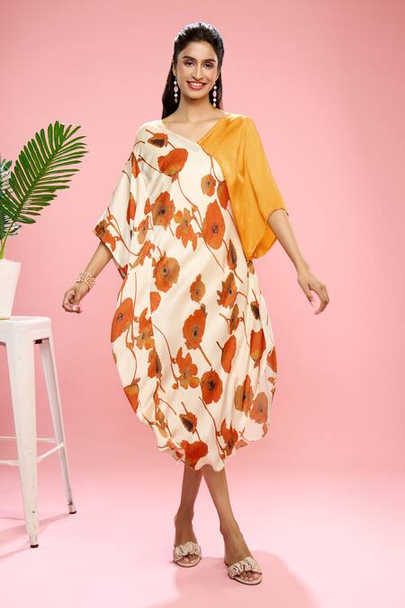 Siarra Ivory Satin, Georgette, Crepe Floral Print Color Blocked Dress With Slip at Aza Fashions Siarra_Ivory Satin, Georgette, Crepe Floral Print Color Blocked Dress With Slip _at_Aza_Fashions