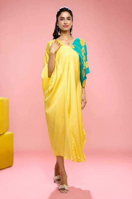 Buy Siarra Yellow Satin, Georgette, Crepe Floral Pattern Color Blocked Dress With Slip Online at Aza Fashions Buy_Siarra_Yellow Satin, Georgette, Crepe Floral Pattern Color Blocked Dress With Slip _Online_at_Aza_Fashions