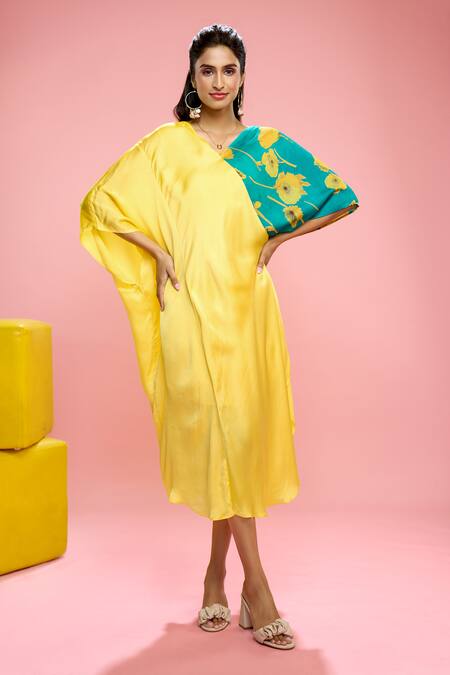 Shop Siarra Yellow Satin, Georgette, Crepe Floral Pattern Color Blocked Dress With Slip Online at Aza Fashions Shop_Siarra_Yellow Satin, Georgette, Crepe Floral Pattern Color Blocked Dress With Slip _Online_at_Aza_Fashions