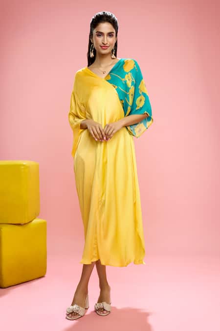 Siarra Yellow Satin, Georgette, Crepe Floral Pattern Color Blocked Dress With Slip at Aza Fashions Siarra_Yellow Satin, Georgette, Crepe Floral Pattern Color Blocked Dress With Slip _at_Aza_Fashions