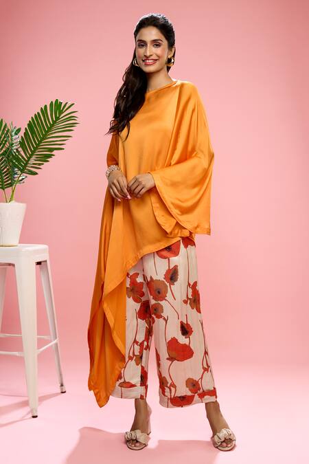 Buy Siarra Orange Satin, Georgette Embroidery Round Neck Floral Print Draped Top And Pant Set Online at Aza Fashions Buy_Siarra_Orange Satin, Georgette Embroidery Round Neck Floral Print Draped Top And Pant Set _Online_at_Aza_Fashions