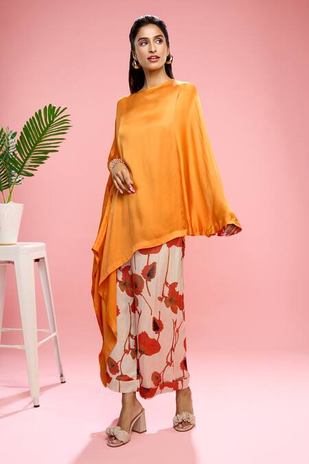 Siarra Orange Satin, Georgette Embroidery Round Neck Floral Print Draped Top And Pant Set at Aza Fashions Siarra_Orange Satin, Georgette Embroidery Round Neck Floral Print Draped Top And Pant Set _at_Aza_Fashions