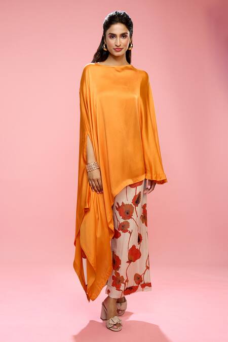 Buy Siarra Orange Satin, Georgette Embroidery Round Neck Floral Print Draped Top And Pant Set Buy_Siarra_Orange Satin, Georgette Embroidery Round Neck Floral Print Draped Top And Pant Set