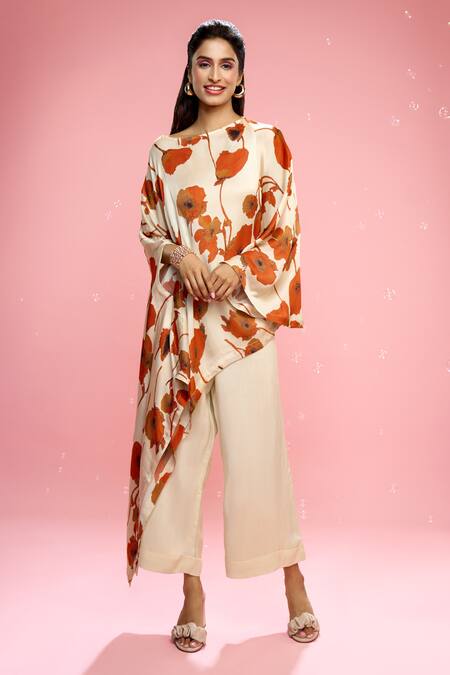 Buy_Siarra_Ivory Satin, Silk Round Neck Floral Printed Draped Top And Pant Set _Online_at_Aza_Fashions