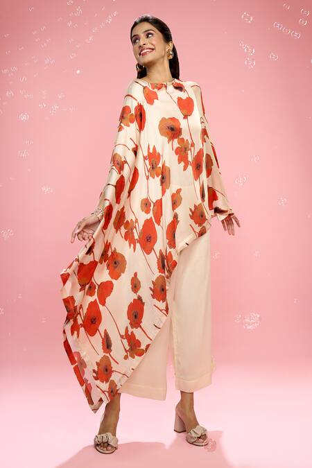 Shop_Siarra_Ivory Satin, Silk Round Neck Floral Printed Draped Top And Pant Set _Online_at_Aza_Fashions