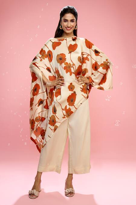 Siarra_Ivory Satin, Silk Round Neck Floral Printed Draped Top And Pant Set _at_Aza_Fashions