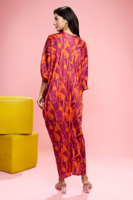 Siarra_Purple Satin, Georgette, Crepe V-neck Leaf Print Dress With Slip _Online_at_Aza_Fashions
