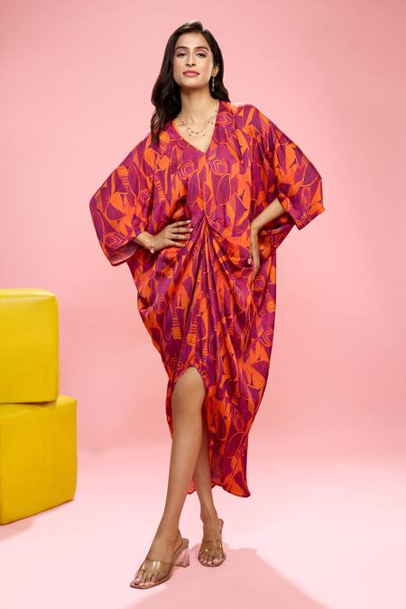 Buy_Siarra_Purple Satin, Georgette, Crepe V-neck Leaf Print Dress With Slip _Online_at_Aza_Fashions