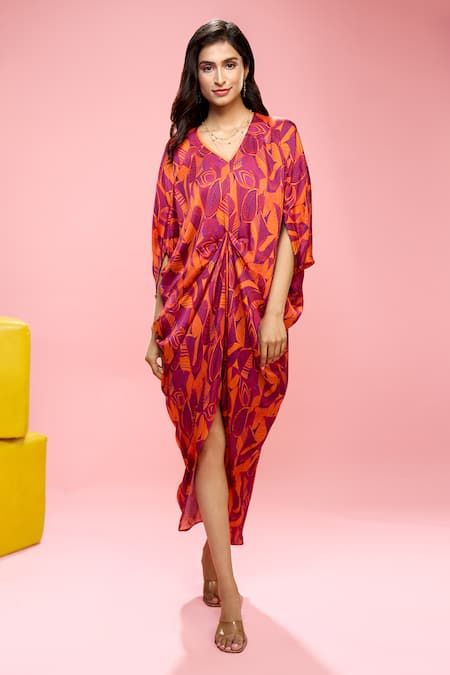 Shop_Siarra_Purple Satin, Georgette, Crepe V-neck Leaf Print Dress With Slip _Online_at_Aza_Fashions