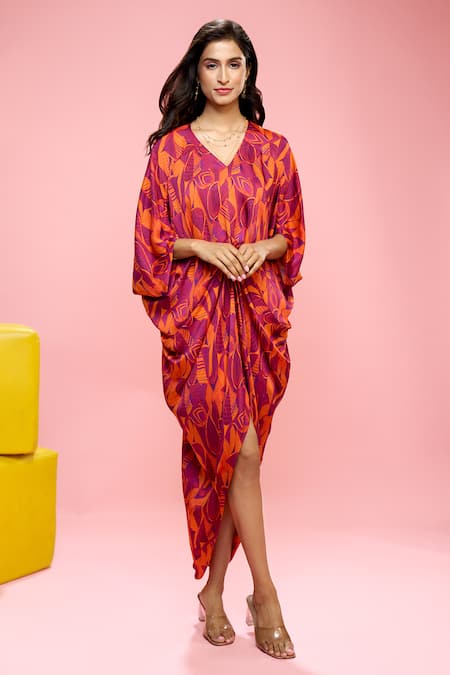 Siarra_Purple Satin, Georgette, Crepe V-neck Leaf Print Dress With Slip _at_Aza_Fashions