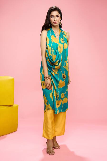 Shop_Siarra_Blue Satin, Silk Embroidery Halter Neck Floral Pattern Top And Pant Set _Online_at_Aza_Fashions