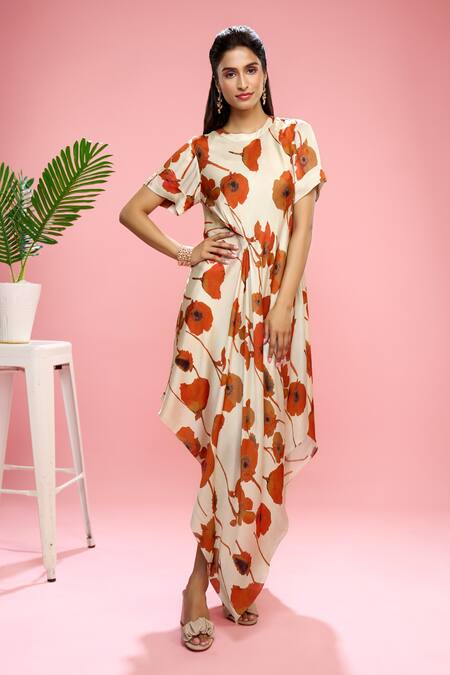 Buy Siarra Ivory Satin, Georgette, Crepe Round Neck Floral Print Dress With Slip Online at Aza Fashions Buy_Siarra_Ivory Satin, Georgette, Crepe Round Neck Floral Print Dress With Slip _Online_at_Aza_Fashions