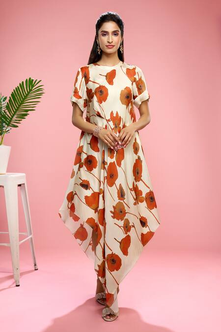 Shop Siarra Ivory Satin, Georgette, Crepe Round Neck Floral Print Dress With Slip Online at Aza Fashions Shop_Siarra_Ivory Satin, Georgette, Crepe Round Neck Floral Print Dress With Slip _Online_at_Aza_Fashions