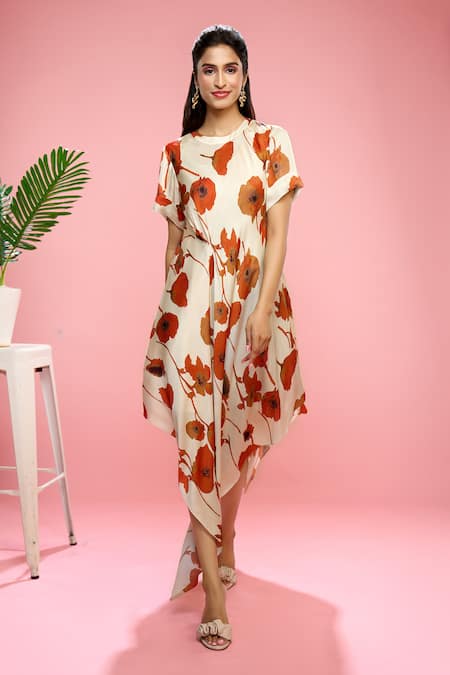 Siarra Ivory Satin, Georgette, Crepe Round Neck Floral Print Dress With Slip at Aza Fashions Siarra_Ivory Satin, Georgette, Crepe Round Neck Floral Print Dress With Slip _at_Aza_Fashions