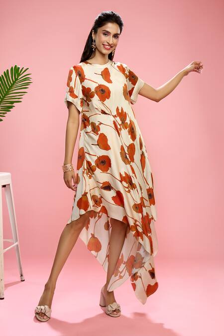 Buy Siarra Ivory Satin, Georgette, Crepe Round Neck Floral Print Dress With Slip Buy_Siarra_Ivory Satin, Georgette, Crepe Round Neck Floral Print Dress With Slip