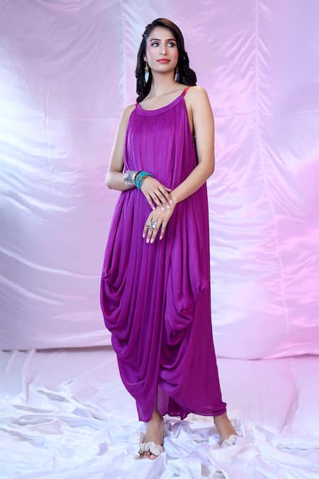 Buy Siarra Purple Satin, Georgette, Crepe Round Neck Solid Pleated Cowl Dress With Slip Online at Aza Fashions Buy_Siarra_Purple Satin, Georgette, Crepe Round Neck Solid Pleated Cowl Dress With Slip _Online_at_Aza_Fashions