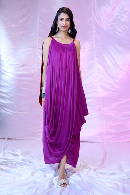 Shop Siarra Purple Satin, Georgette, Crepe Round Neck Solid Pleated Cowl Dress With Slip Online at Aza Fashions Shop_Siarra_Purple Satin, Georgette, Crepe Round Neck Solid Pleated Cowl Dress With Slip _Online_at_Aza_Fashions