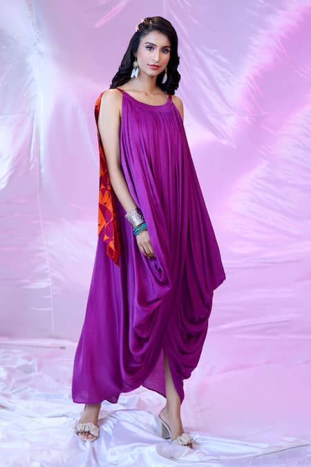 Siarra Purple Satin, Georgette, Crepe Round Neck Solid Pleated Cowl Dress With Slip at Aza Fashions Siarra_Purple Satin, Georgette, Crepe Round Neck Solid Pleated Cowl Dress With Slip _at_Aza_Fashions