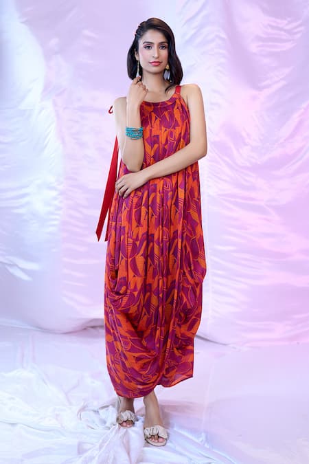 SIARRA Purple Satin Chiffon Printed Leaf Round Draped Dress 