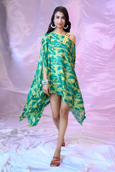 SIARRA x AZA Green Satin Chiffon Printed Leaf Asymmetric Dress 