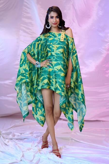Shop Siarra Green Satin, Chiffon Asymmetric Leaf Print Dress Online at Aza Fashions Shop_Siarra_Green Satin, Chiffon Asymmetric Leaf Print Dress _Online_at_Aza_Fashions