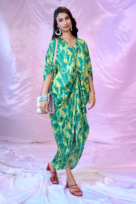 Buy Siarra Green Satin, Georgette, Crepe V-neck Leaf Print Gathered Dress Online at Aza Fashions Buy_Siarra_Green Satin, Georgette, Crepe V-neck Leaf Print Gathered Dress _Online_at_Aza_Fashions