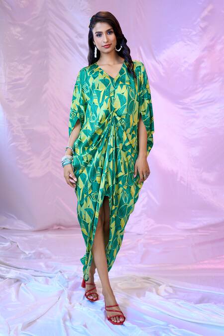 Shop Siarra Green Satin, Georgette, Crepe V-neck Leaf Print Gathered Dress Online at Aza Fashions Shop_Siarra_Green Satin, Georgette, Crepe V-neck Leaf Print Gathered Dress _Online_at_Aza_Fashions