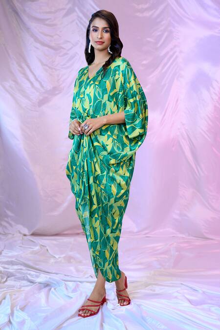 Siarra Green Satin, Georgette, Crepe V-neck Leaf Print Gathered Dress at Aza Fashions Siarra_Green Satin, Georgette, Crepe V-neck Leaf Print Gathered Dress _at_Aza_Fashions