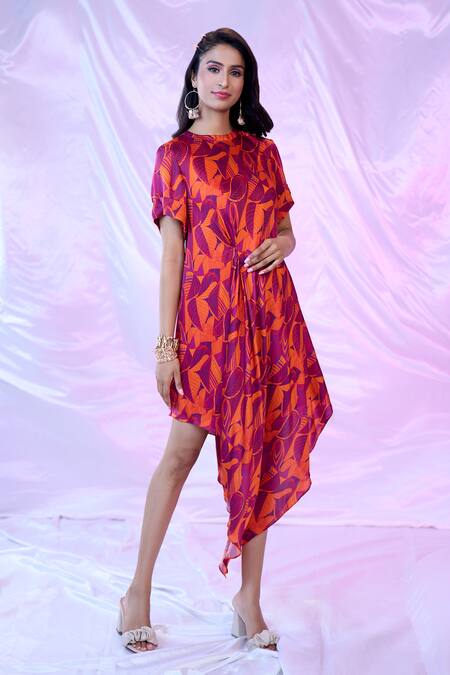 Buy_Siarra_Purple Satin, Georgette, Crepe Round Neck Asymmetric Print Pleated Dress _Online_at_Aza_Fashions