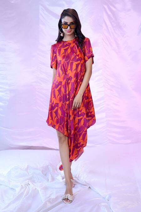 Shop_Siarra_Purple Satin, Georgette, Crepe Round Neck Asymmetric Print Pleated Dress _Online_at_Aza_Fashions