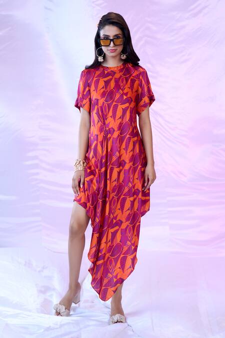 Siarra_Purple Satin, Georgette, Crepe Round Neck Asymmetric Print Pleated Dress _at_Aza_Fashions