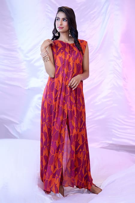 Shop_Siarra_Purple Satin, Chiffon, Silk, Linen Embroidery Leaf Print Slit Kurta With Pant _Online_at_Aza_Fashions