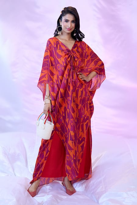 Buy_Siarra_Purple Satin, Chiffon, Silk V-neck Leaf Print Gathered Tunic With Pant _Online_at_Aza_Fashions