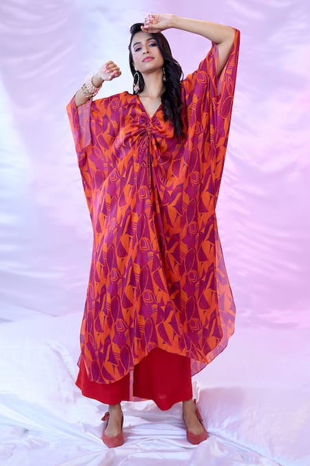 Shop_Siarra_Purple Satin, Chiffon, Silk V-neck Leaf Print Gathered Tunic With Pant _Online_at_Aza_Fashions