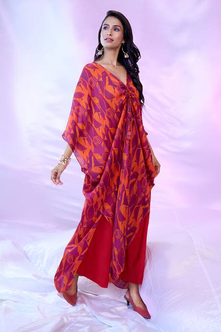 Siarra_Purple Satin, Chiffon, Silk V-neck Leaf Print Gathered Tunic With Pant _at_Aza_Fashions