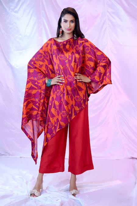 SIARRA Purple Satin Chiffon Printed Leaf Round Asymmetric Tunic With Pant 