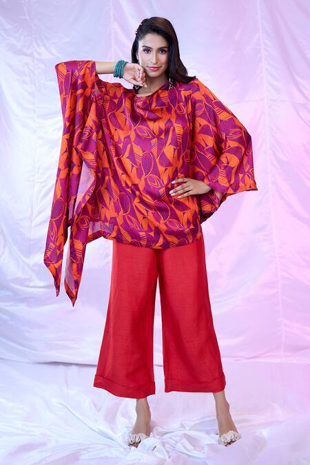 Buy_Siarra_Purple Satin, Chiffon, Cotton Round Neck Leaf Print Asymmetric Tunic With Pant _Online_at_Aza_Fashions