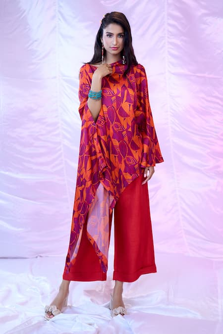 Shop_Siarra_Purple Satin, Chiffon, Cotton Round Neck Leaf Print Asymmetric Tunic With Pant _Online_at_Aza_Fashions