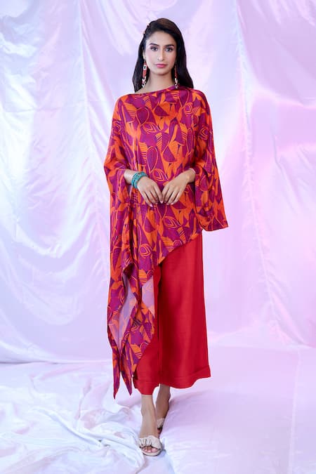 Siarra_Purple Satin, Chiffon, Cotton Round Neck Leaf Print Asymmetric Tunic With Pant _at_Aza_Fashions
